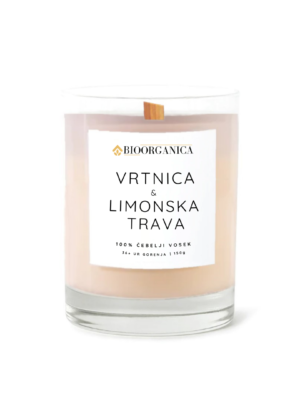 Sveca iz cebeljega voska vrtnica limonska trava leseni stenj